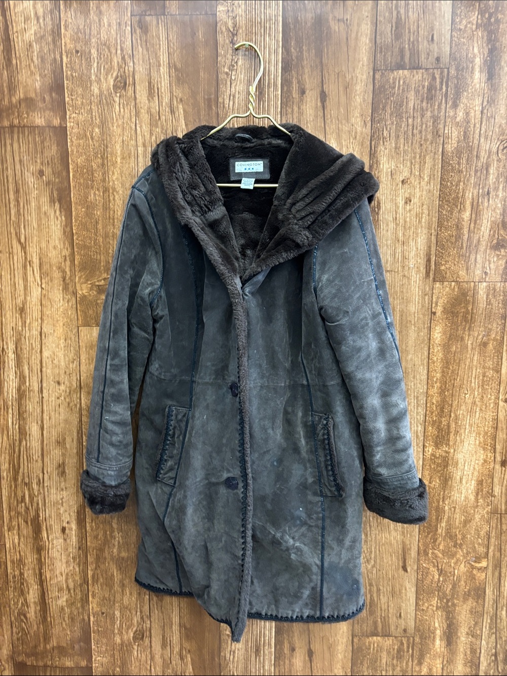 Covington Women’s Dark Gray Suede Shearling Hooded Coat